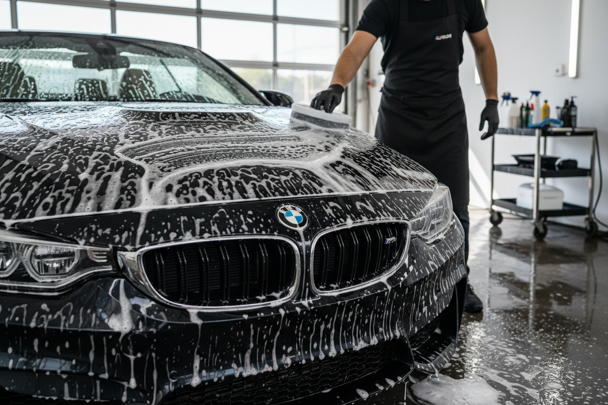 cleaning luxury bmw m4 with bubbly wasing pad